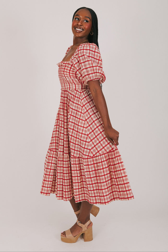 red and ivory plaid dress with puff sleeves side