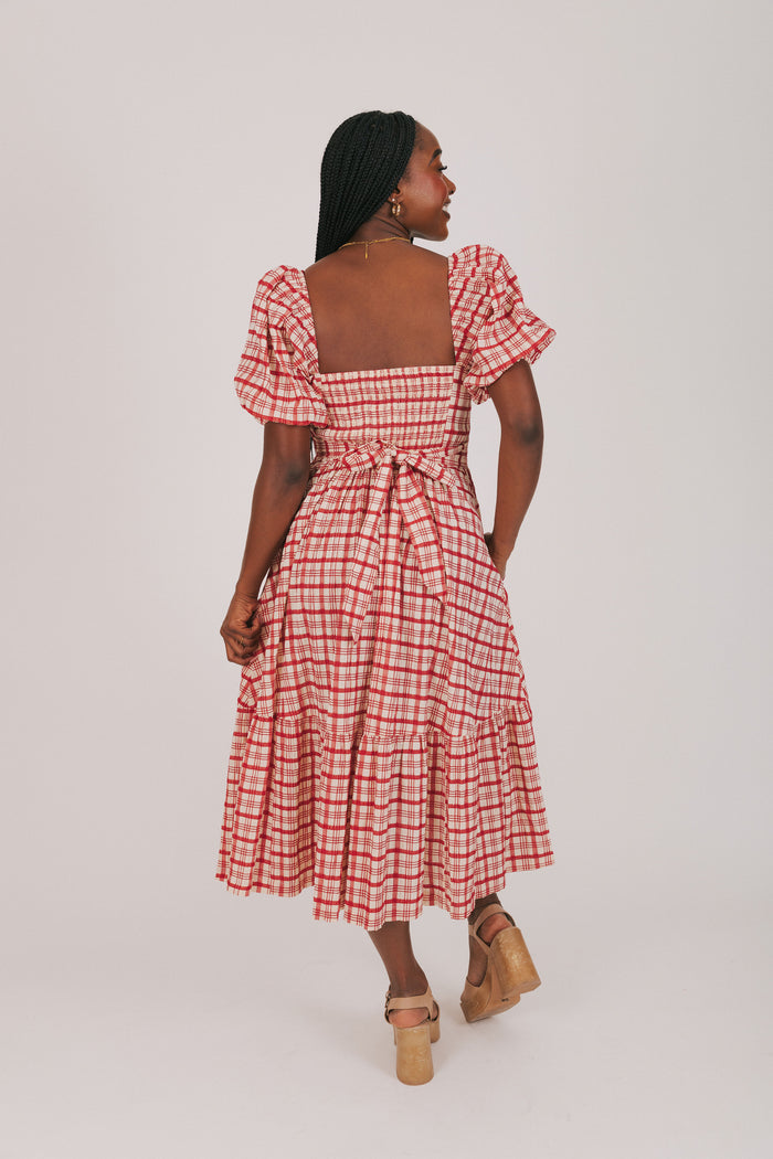 red and ivory plaid dress with puff sleeves back