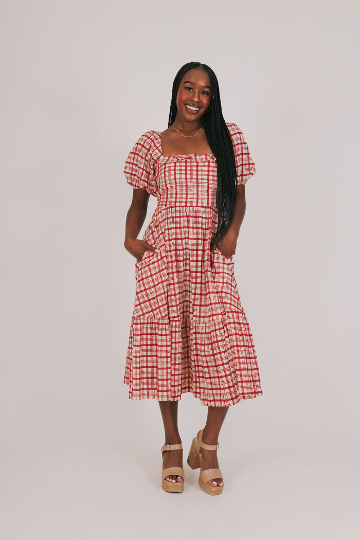 red and ivory plaid dress with puff sleeves full