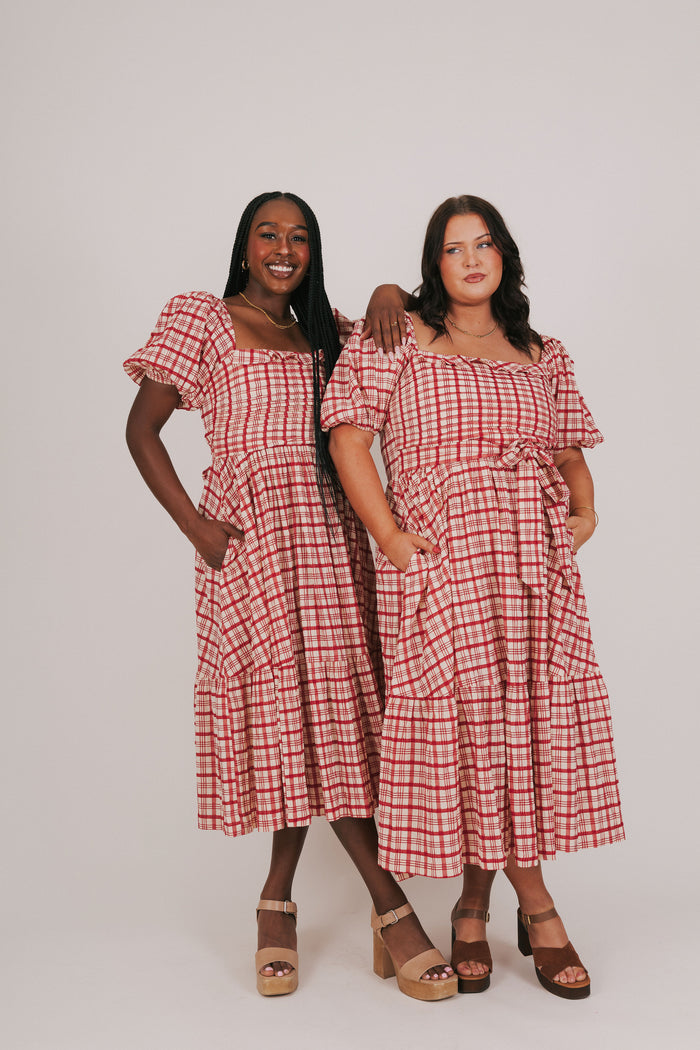red and ivory plaid dress with puff sleeves models