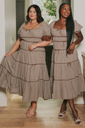 brown and white gingham tiered midi dress lifestyles models