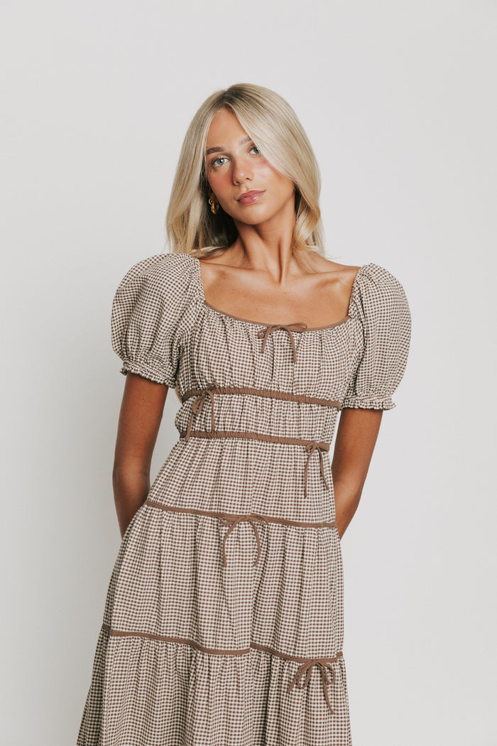 brown and white gingham tiered midi dress bodice