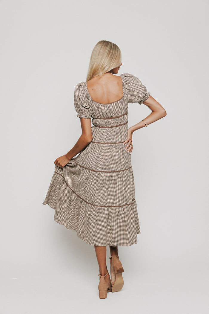 brown and white gingham tiered midi dress back