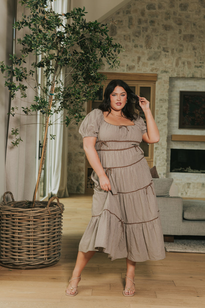 brown and white gingham tiered midi dress plus lifestyle