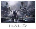 A lithograph print featuring a character from the Halo series in a post-apocalyptic setting with metallic foil Halo logo at the bottom.