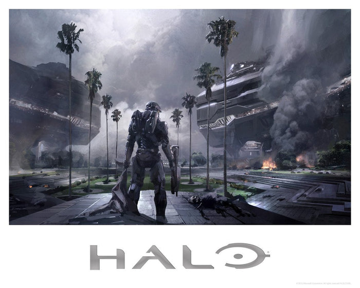 A lithograph print featuring a character from the Halo series in a post-apocalyptic setting with metallic foil Halo logo at the bottom.