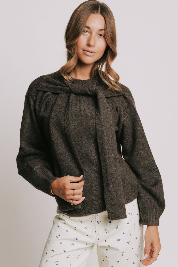 brown knit sweater with front tie detail