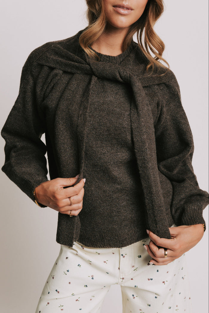 brown knit sweater with front tie detail front
