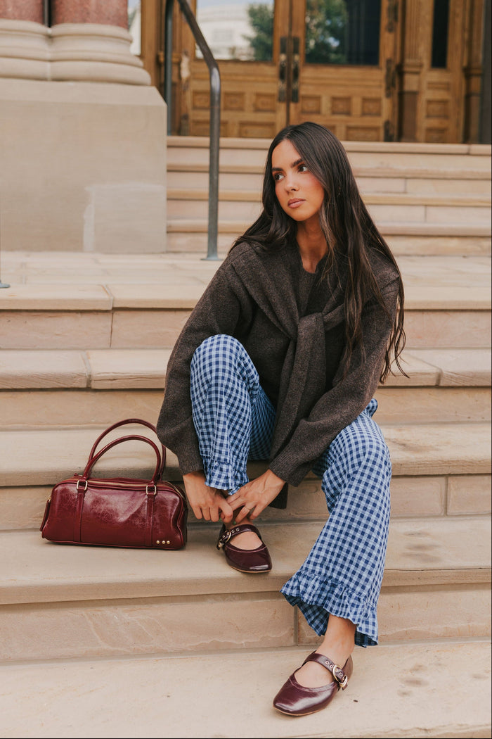 brown knit sweater with front tie detail
