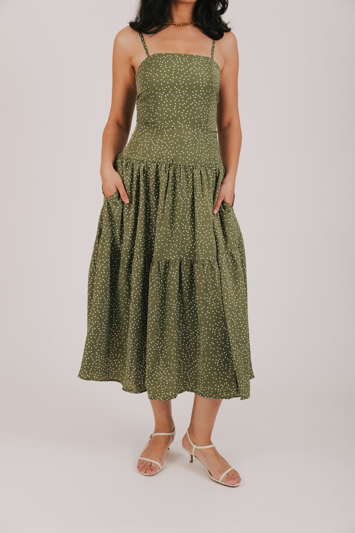 green tiered polka dot dress