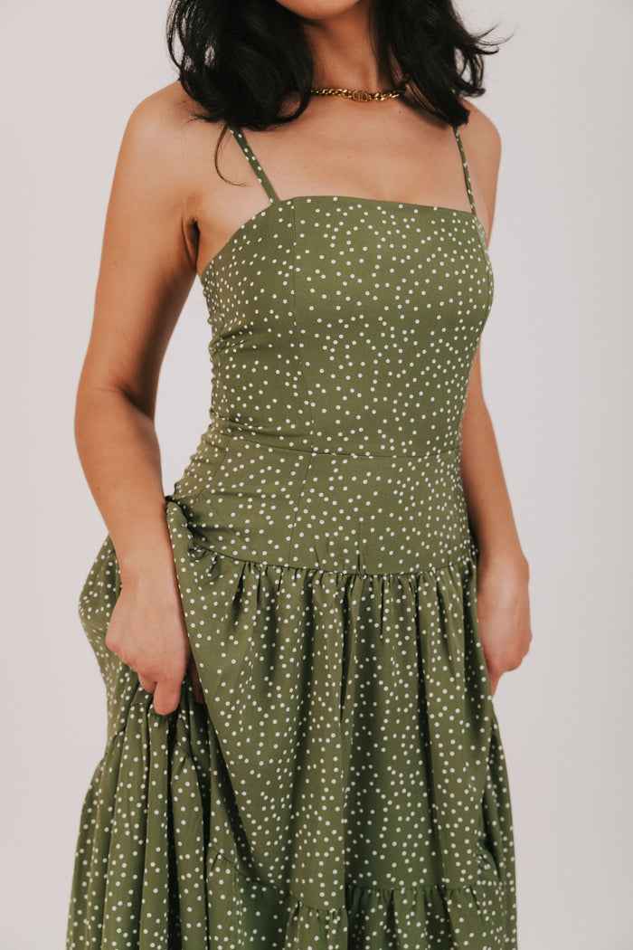 green tiered polka dot dress