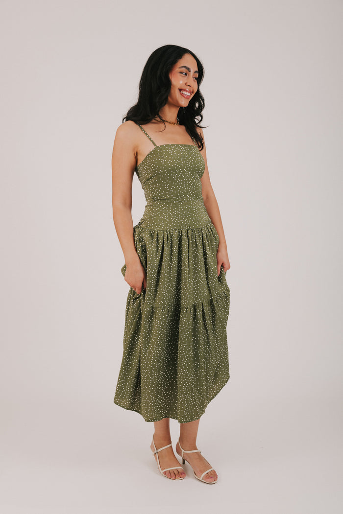 green tiered polka dot dress