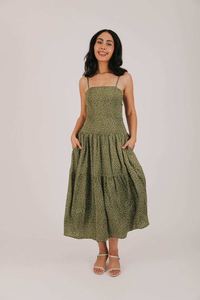 green tiered polka dot dress