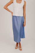 Blue satin skirt with white polka dots and an elastic waistband