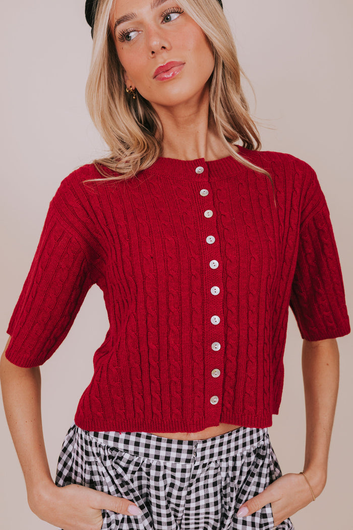 short sleeve red cable knit cardigan