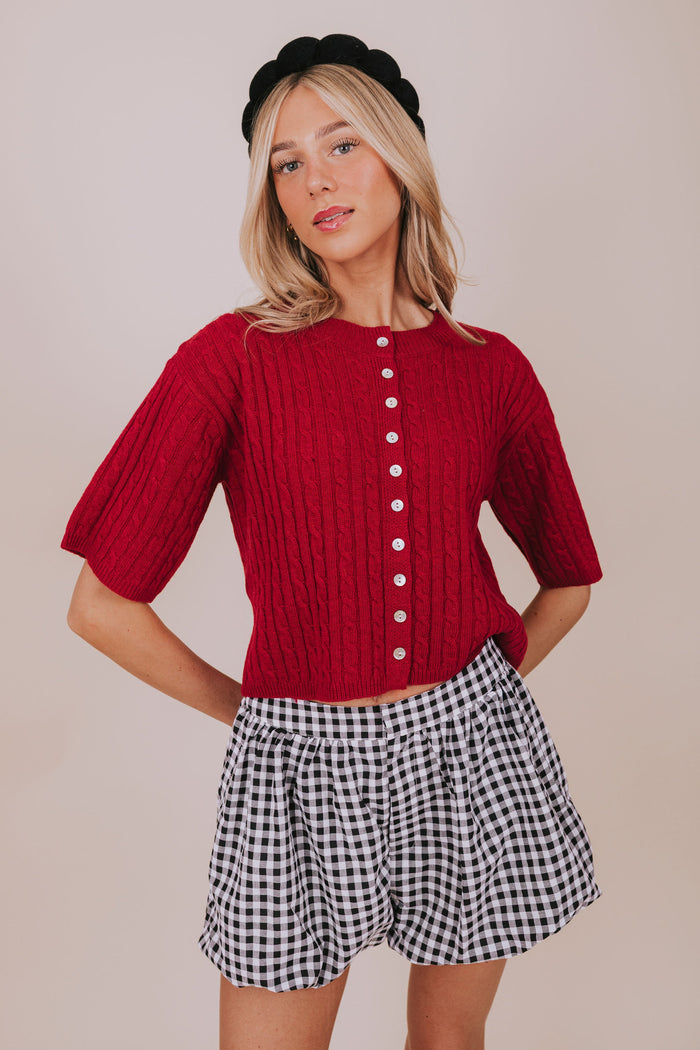 short sleeve red cable knit cardigan front