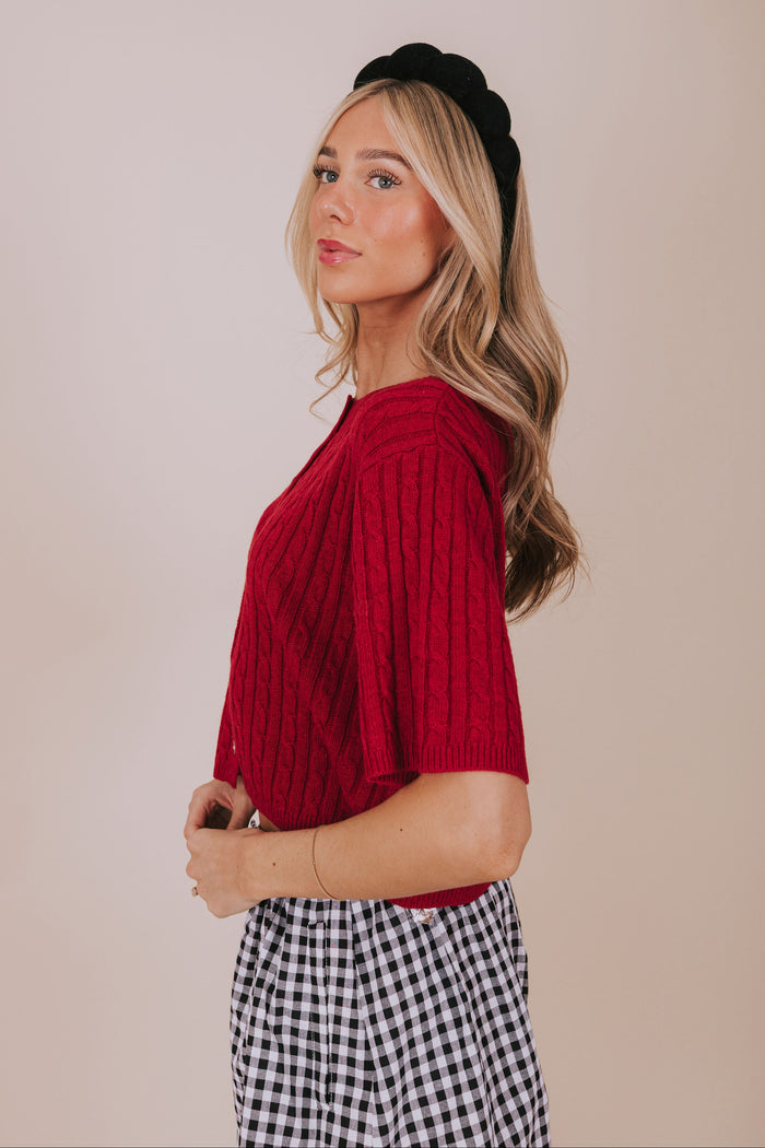 short sleeve red cable knit cardigan side