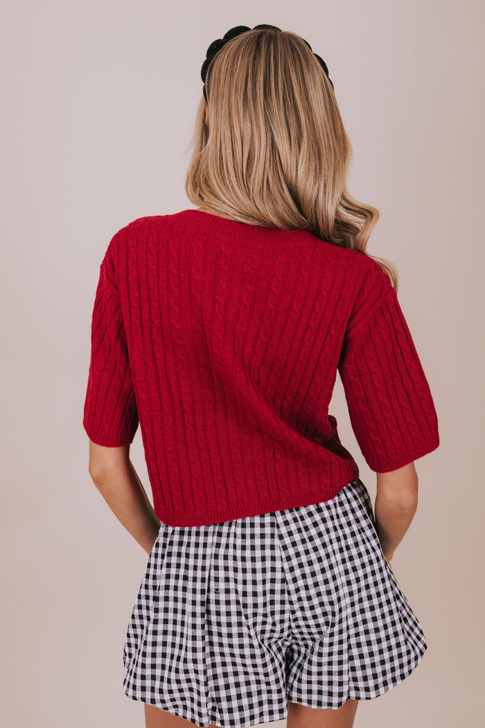 short sleeve red cable knit cardigan back