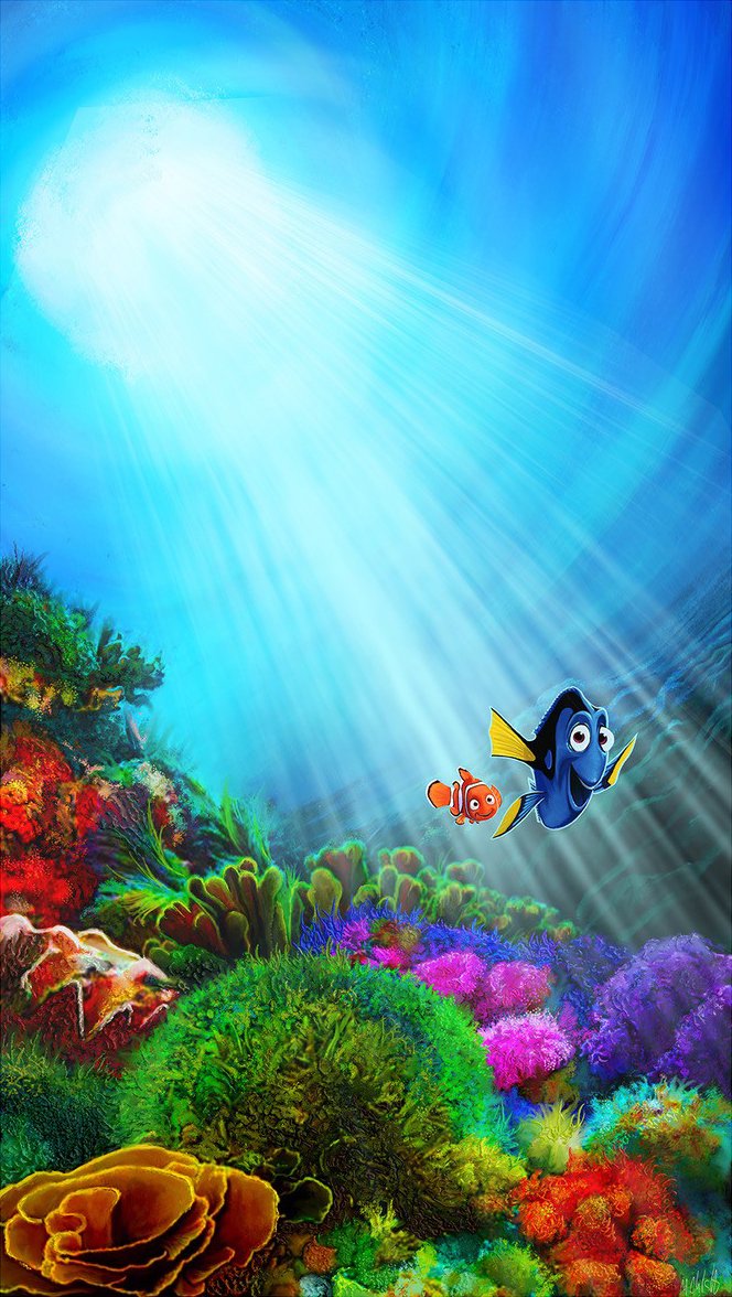 A vibrant artwork featuring a underwater scene with colorful coral. Nemo and Dory are floating together in a stream of sunlight.