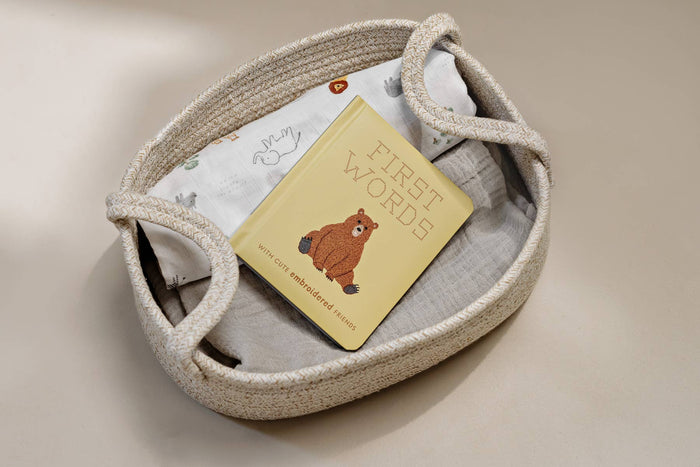 baby book of first words with embroidery styled art