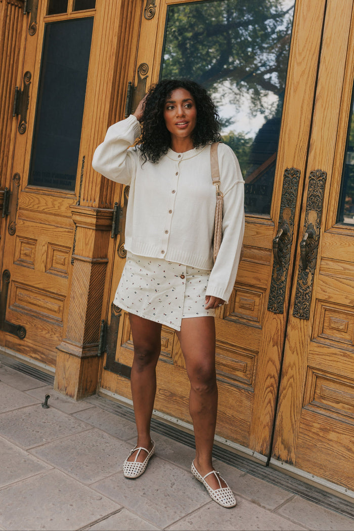 white denim floral print skort lifestyle