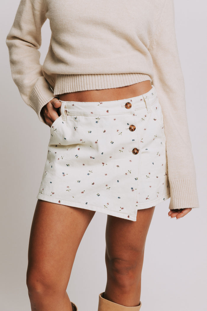white denim floral print skort front