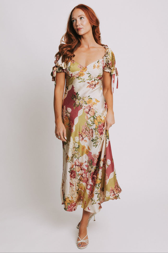 patchwork floral midi dress with puff sleeves full