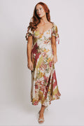 patchwork floral midi dress with puff sleeves full