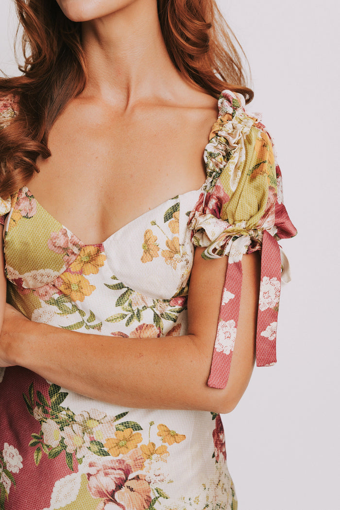patchwork floral midi dress with puff sleeves close