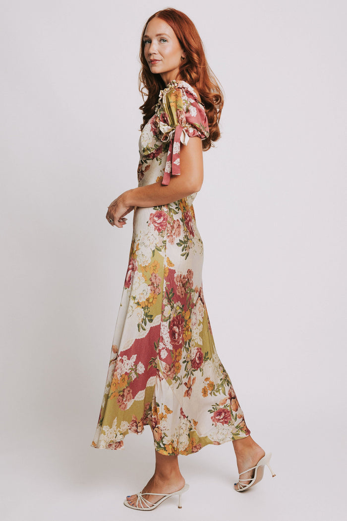 patchwork floral midi dress with puff sleeves side