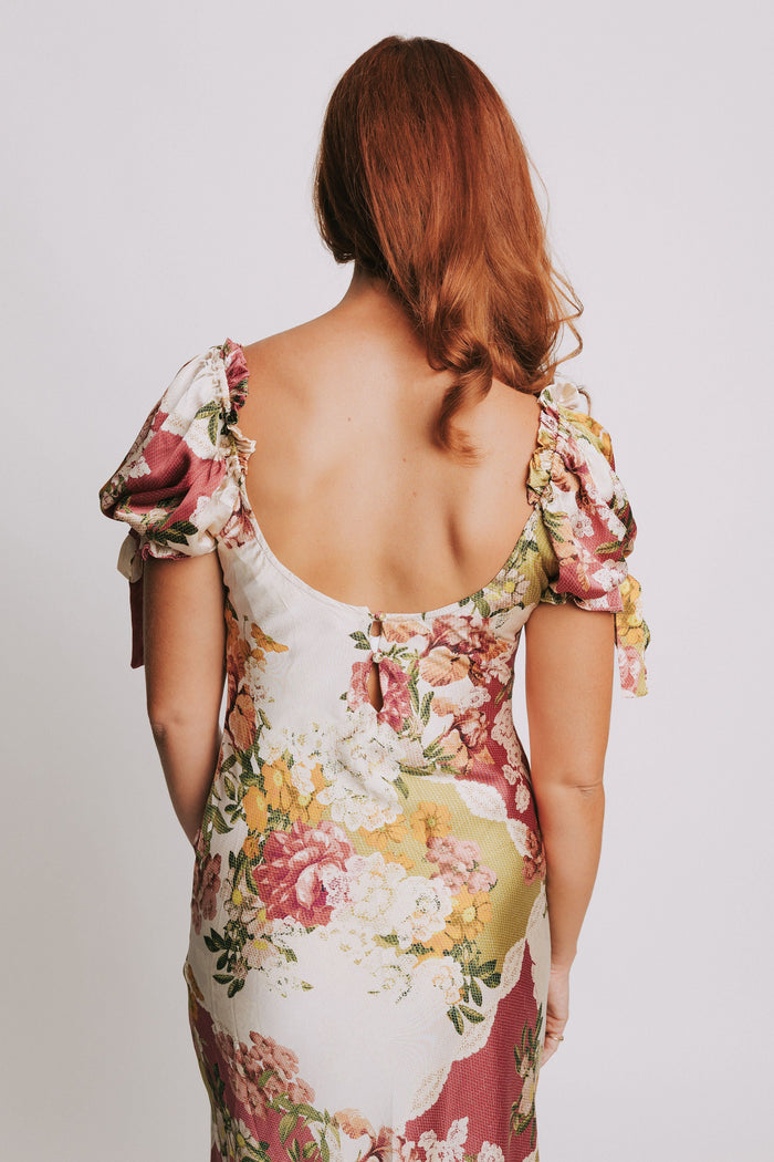 patchwork floral midi dress with puff sleeves back