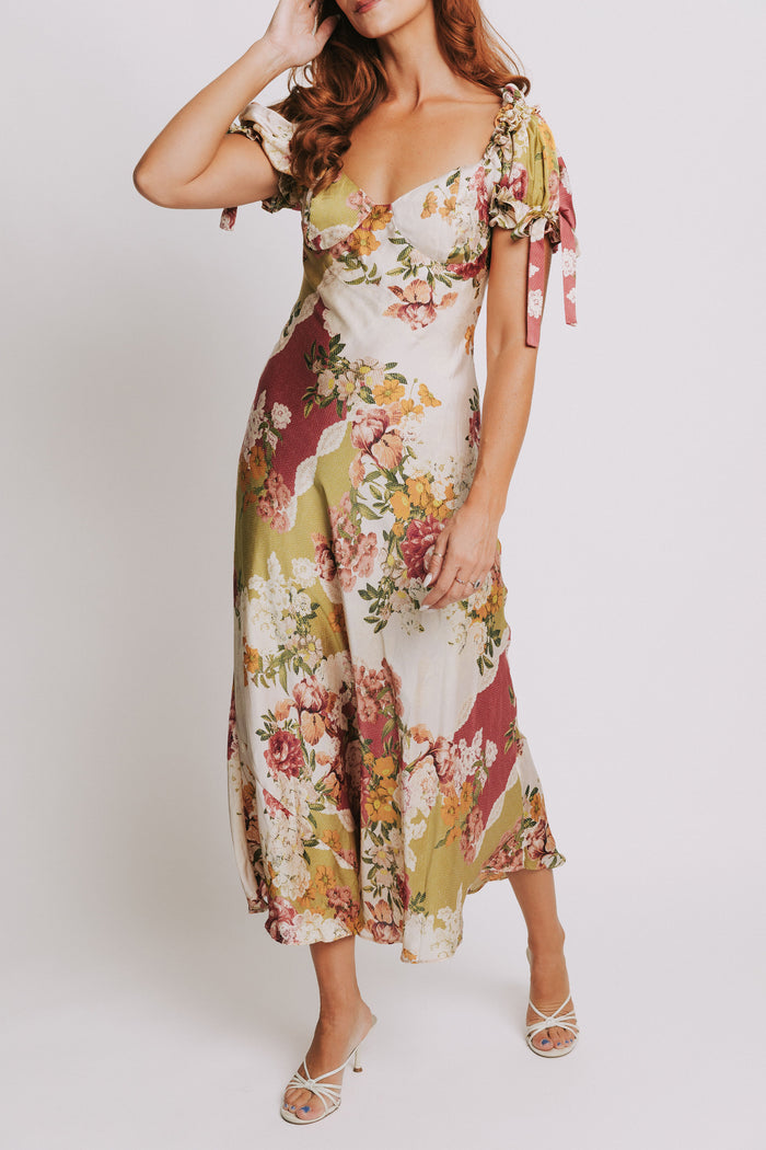 patchwork floral midi dress with puff sleeves