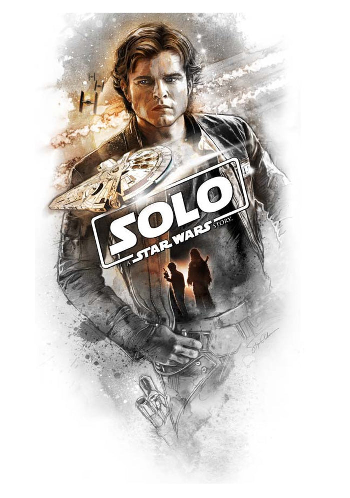A poster of Han Solo from the Star Wars film 'Solo', featuring a stylized depiction of the character with a title overlay.