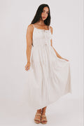 tan striped maxi dress with bow at the waist
