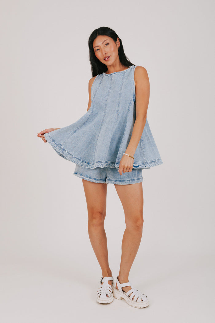 blue denim set with flared top