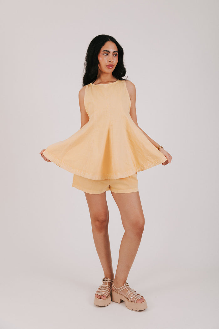 yellow denim set with flared top