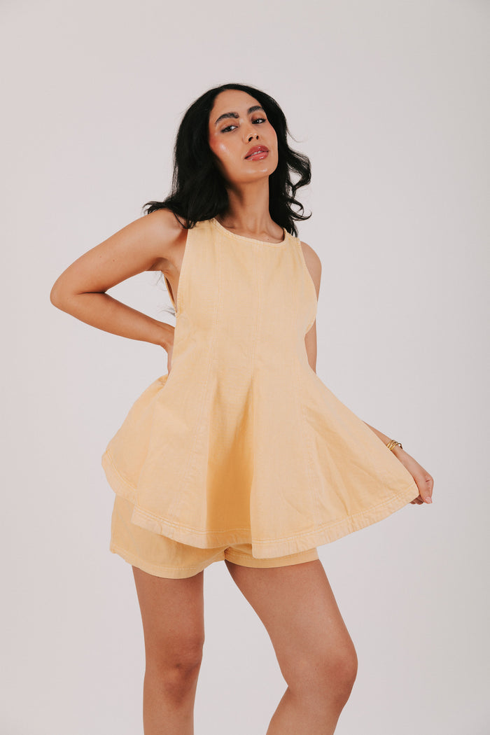 yellow denim set with flared top