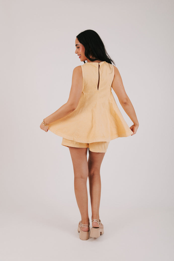 yellow denim set with flared top