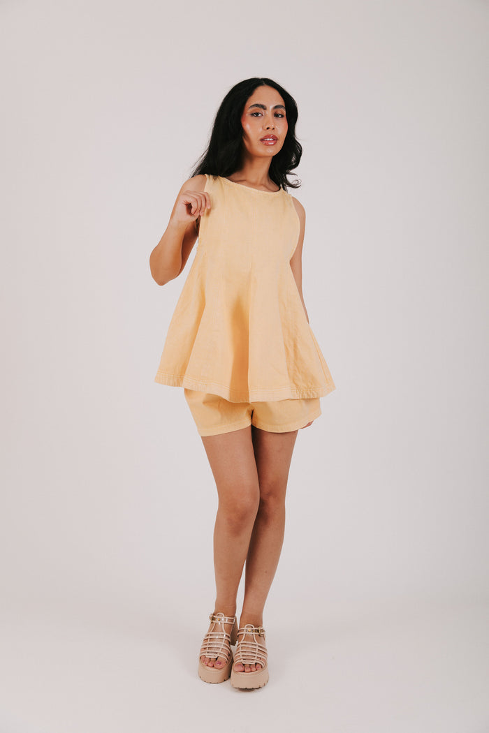 yellow denim set with flared top