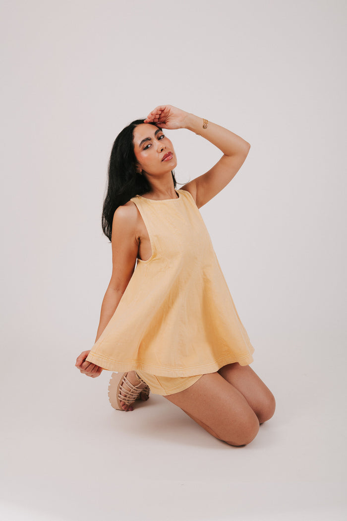 yellow denim set with flared top