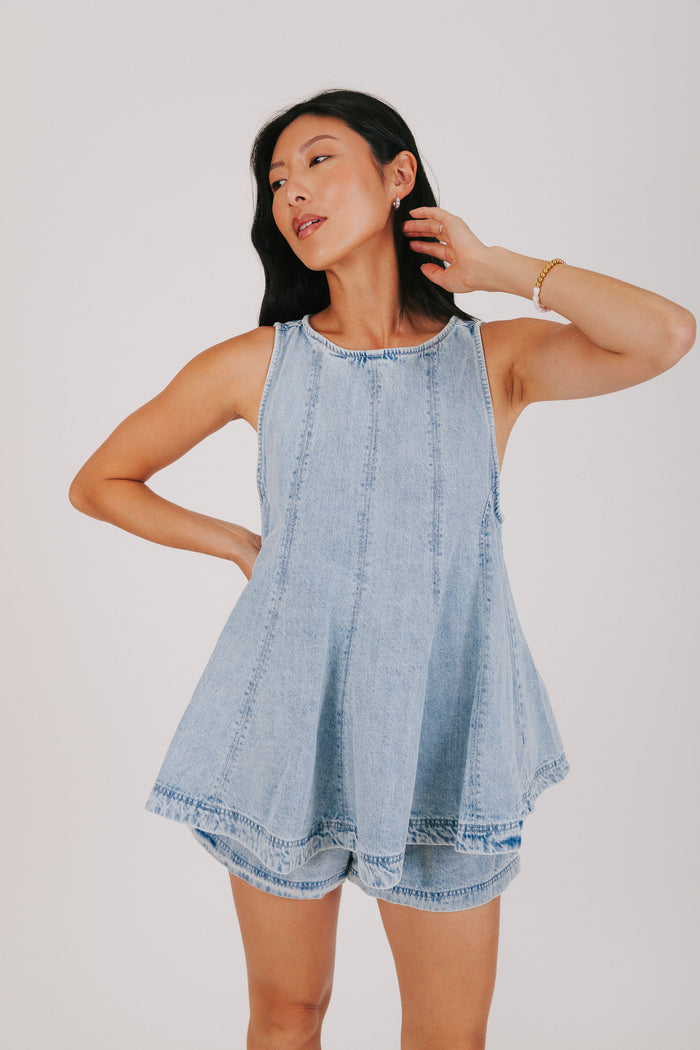 blue denim set with flared top
