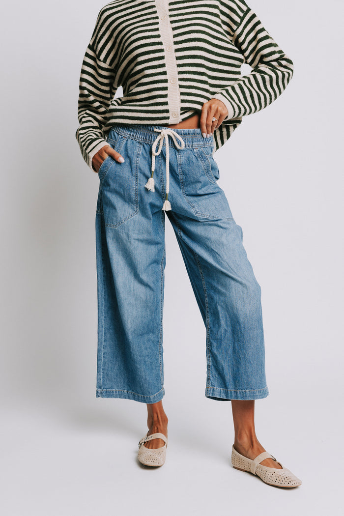 free people elastic waist cropped jeans with drawstring