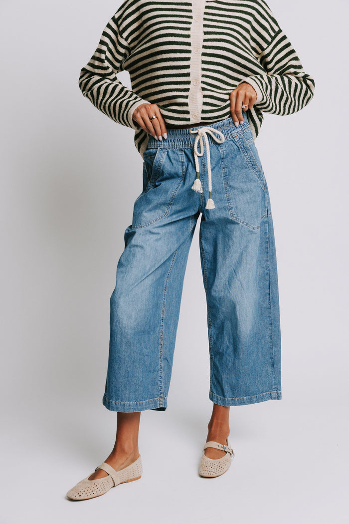 free people elastic waist cropped jeans with drawstring front