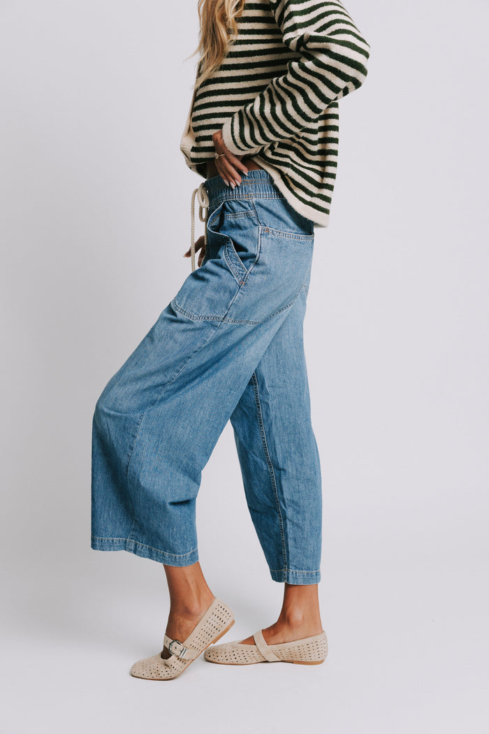 free people elastic waist cropped jeans with drawstring side