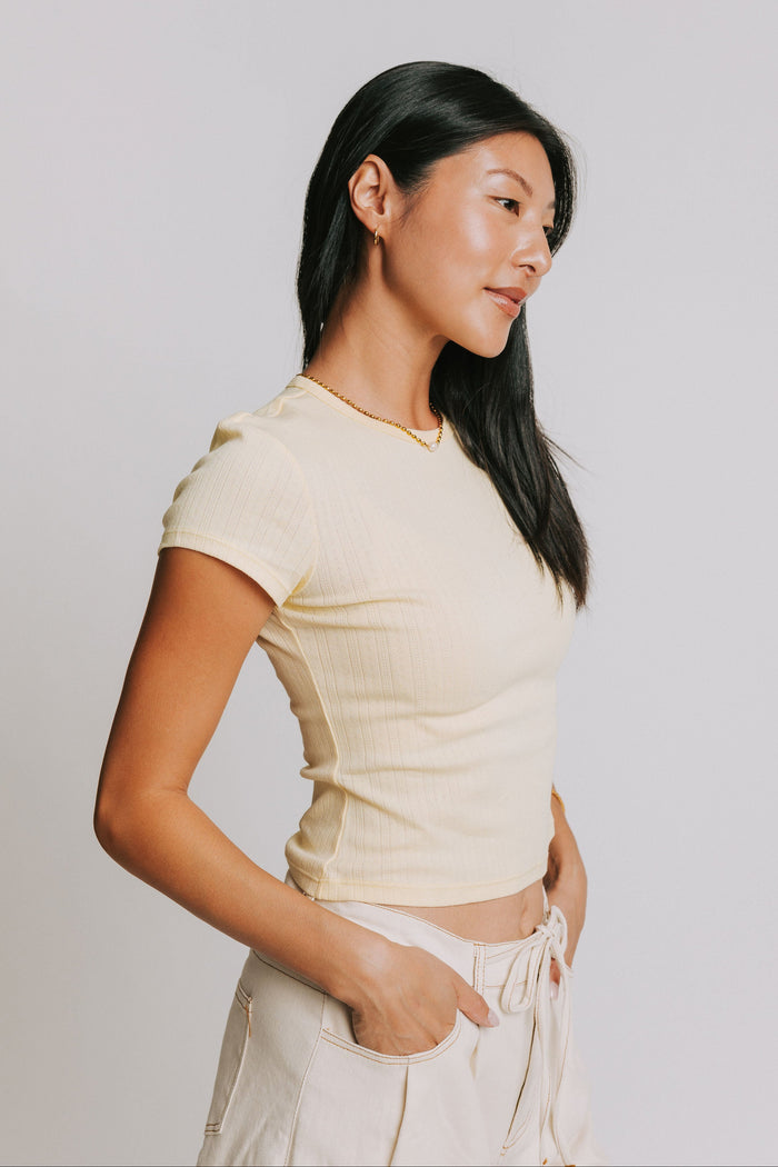 free people light yellow baby tee with pointelle detail side