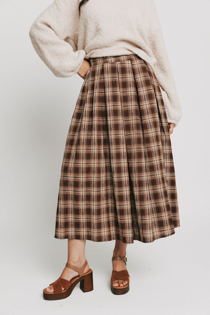 brown plaid pleated midi skirt