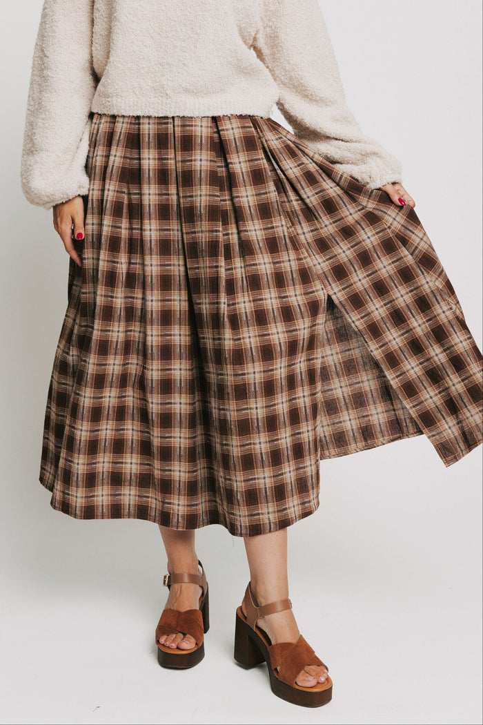 brown plaid pleated midi skirt