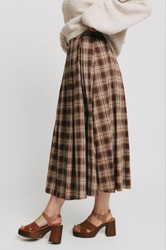 brown plaid pleated midi skirt