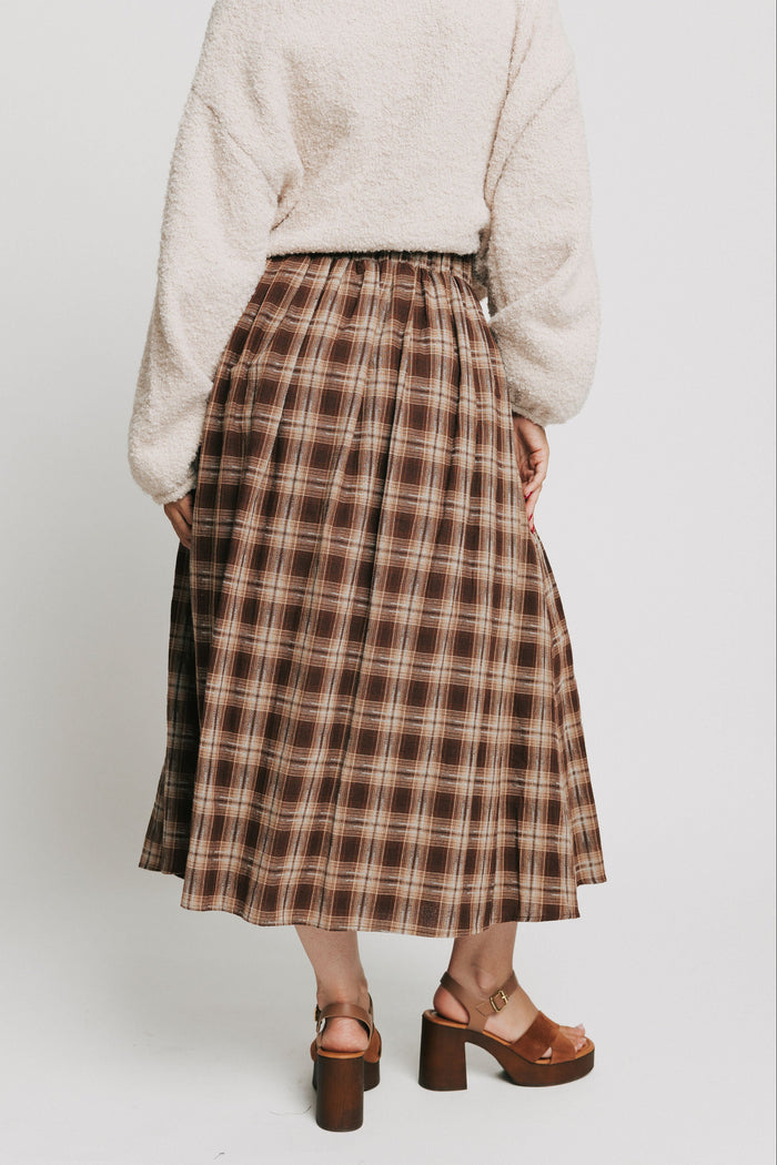 brown plaid pleated midi skirt back