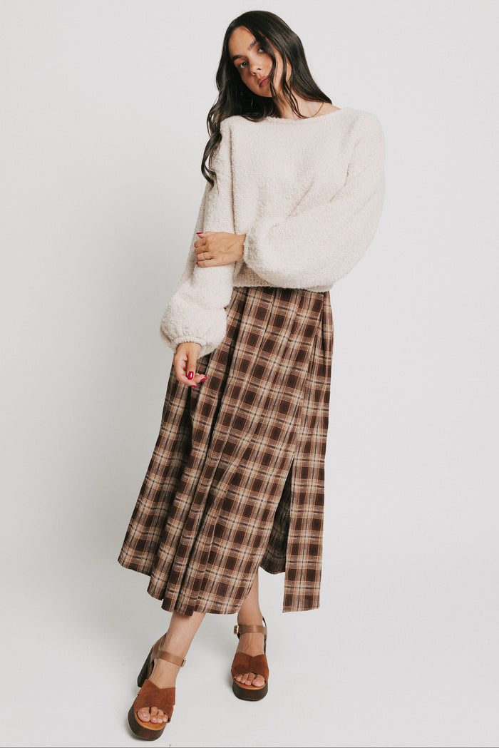 brown plaid pleated midi skirt